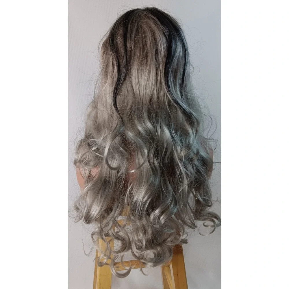 Curly Wavy Long synthetic Black Gray Silver Highlights middle Part‎ hair wig 27